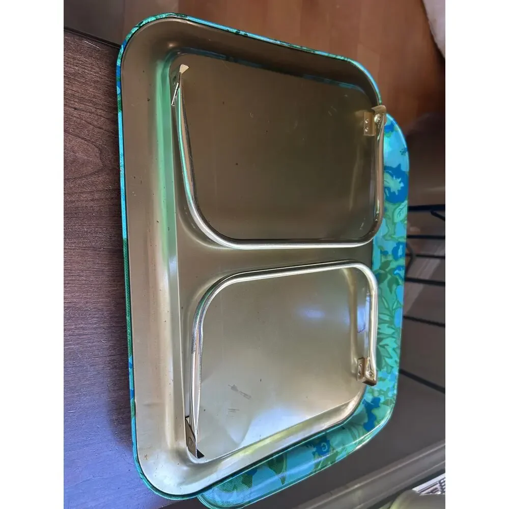 VTG 1960’S-70’S Metal Floral Design TV Tray Table blue green MCM